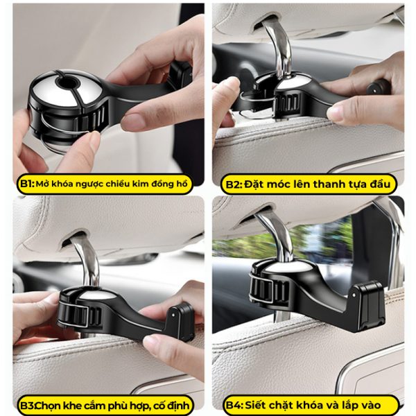 Móc treo đồ trên ô tô gài trước sau ghế, kèm giá đỡ kẹp điện thoại trên xe tiện lợi thiết kế chắc chắn cao cấp