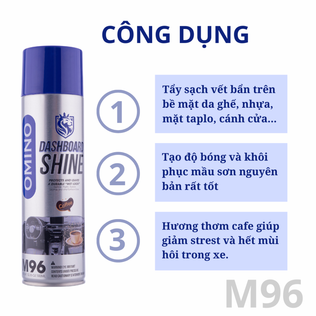 Combo Đa Năng Omino Xịt Vệ Sinh Nội Thất M002 650ml & Xịt Dưỡng Bóng Nội Thất Cafe M96 500ml & Xịt Bóng Lốp M10 500ml