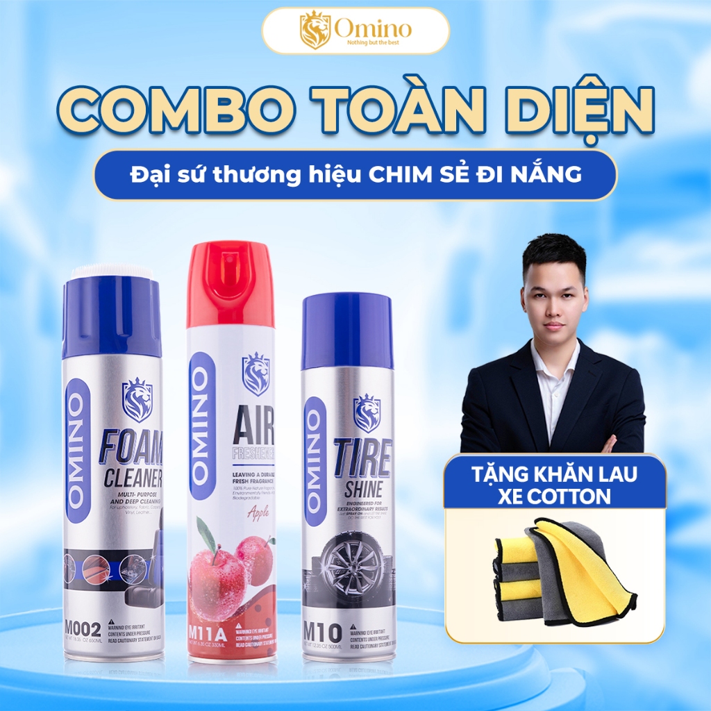 Combo Toàn Diện Omino Xịt Tẩy Đa Năng Dạng Bọt M002 650ml + Xịt Khử Mùi M11 330ml + Xịt Bóng Lốp M10 500ml Omino Vietnam